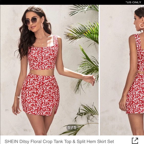 SHEIN Ditsy Floral Crop Tank Top & Split Hem Skirt Set